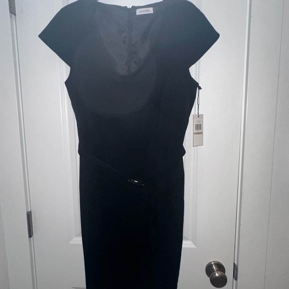 Calvin Klein Black Sheath Midi Dress with Flutter Sleeves